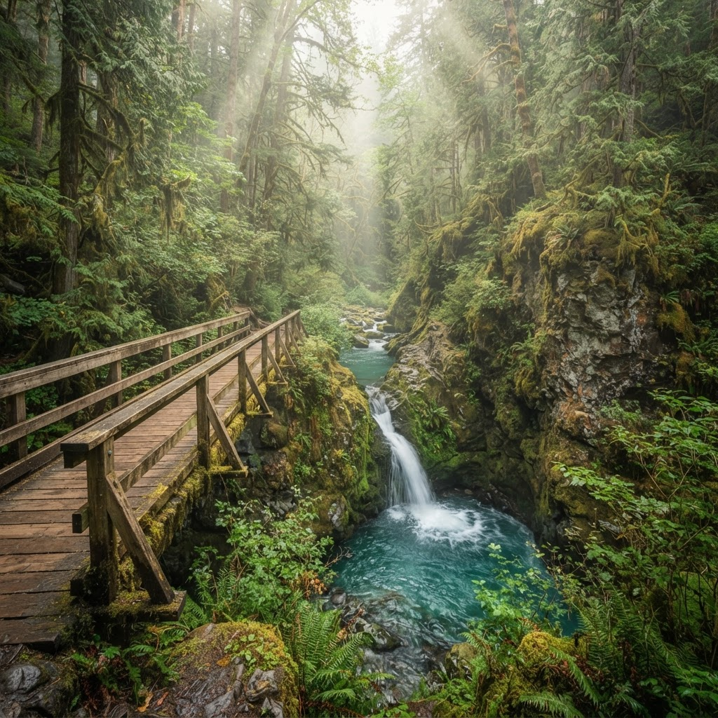 A wooden footbridge over a turquoise river gorge with a waterfall