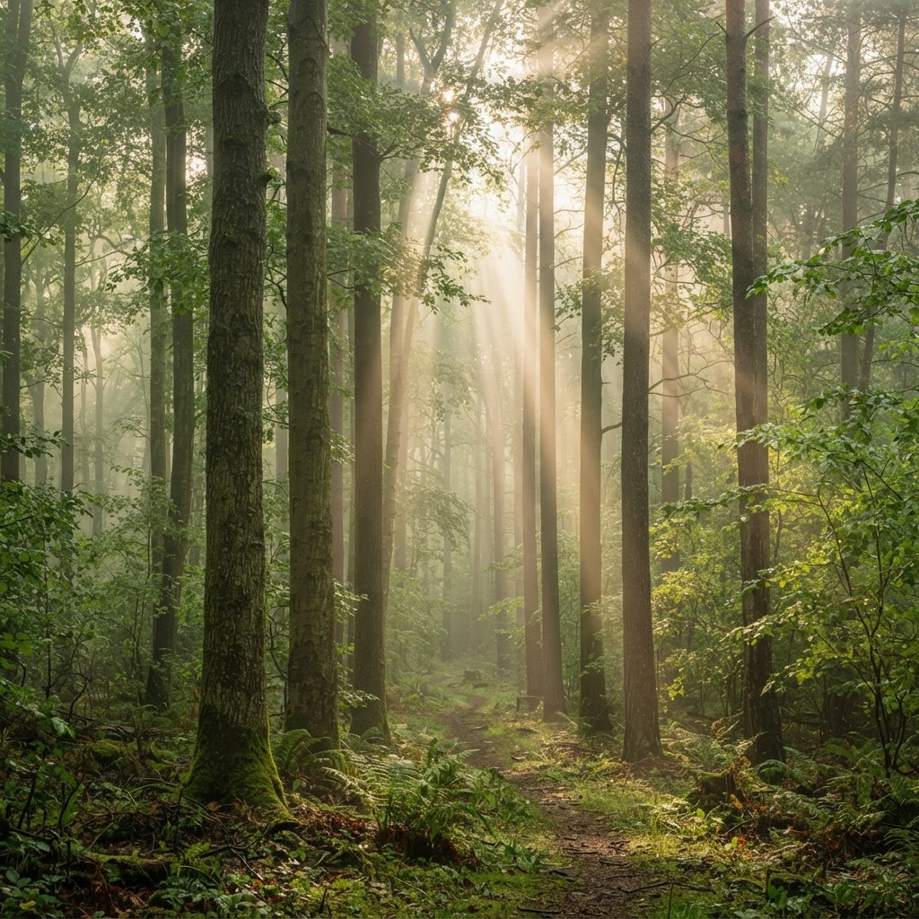 Sunlight streaming through a green forest